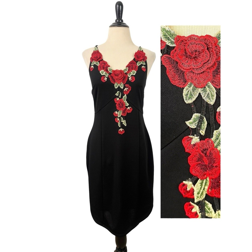 LOVE J Babydoll Embroidered Roses DRESS L Black Red Y2K Whimsigoth Witchy Fairy